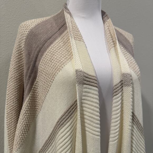 WHBM Wool Blend Knit Shawl Wrap M/L Neutral Cream Striped Shimmer Cape Poncho - Picture 5 of 8